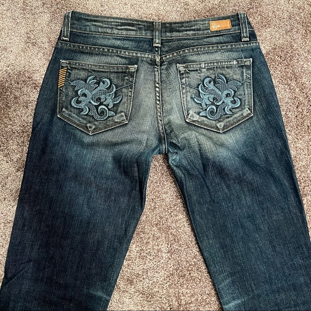 Vintage Paige Premium Denim Embroidered Pocket “Blue Heights” Ripped Jeans